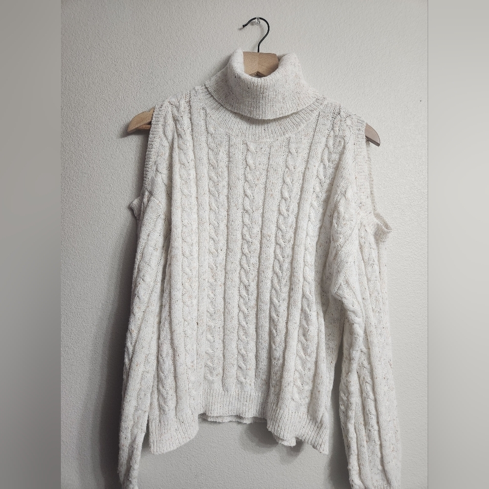 Cold Shoulder Cream Cable Knit Turtleneck Sweater